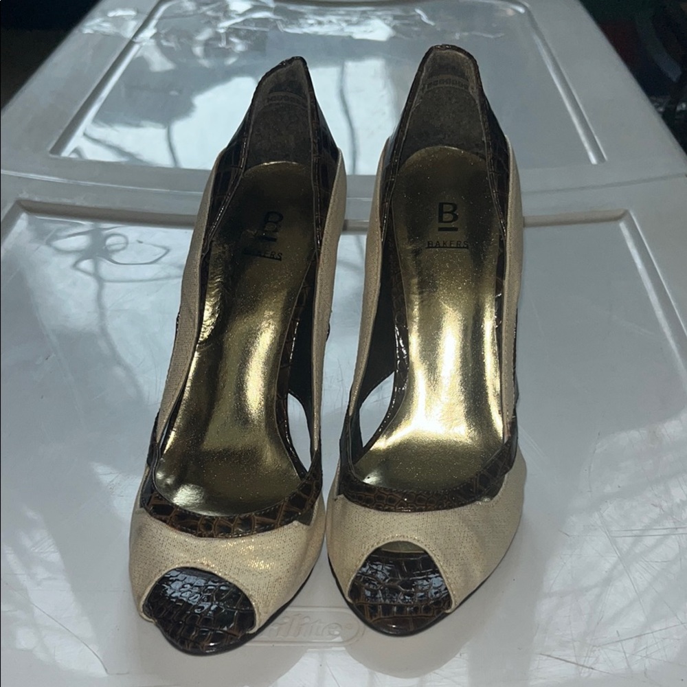 Bakers Cream and Brown Heels with Peep-Toe Design and Stiletto Style